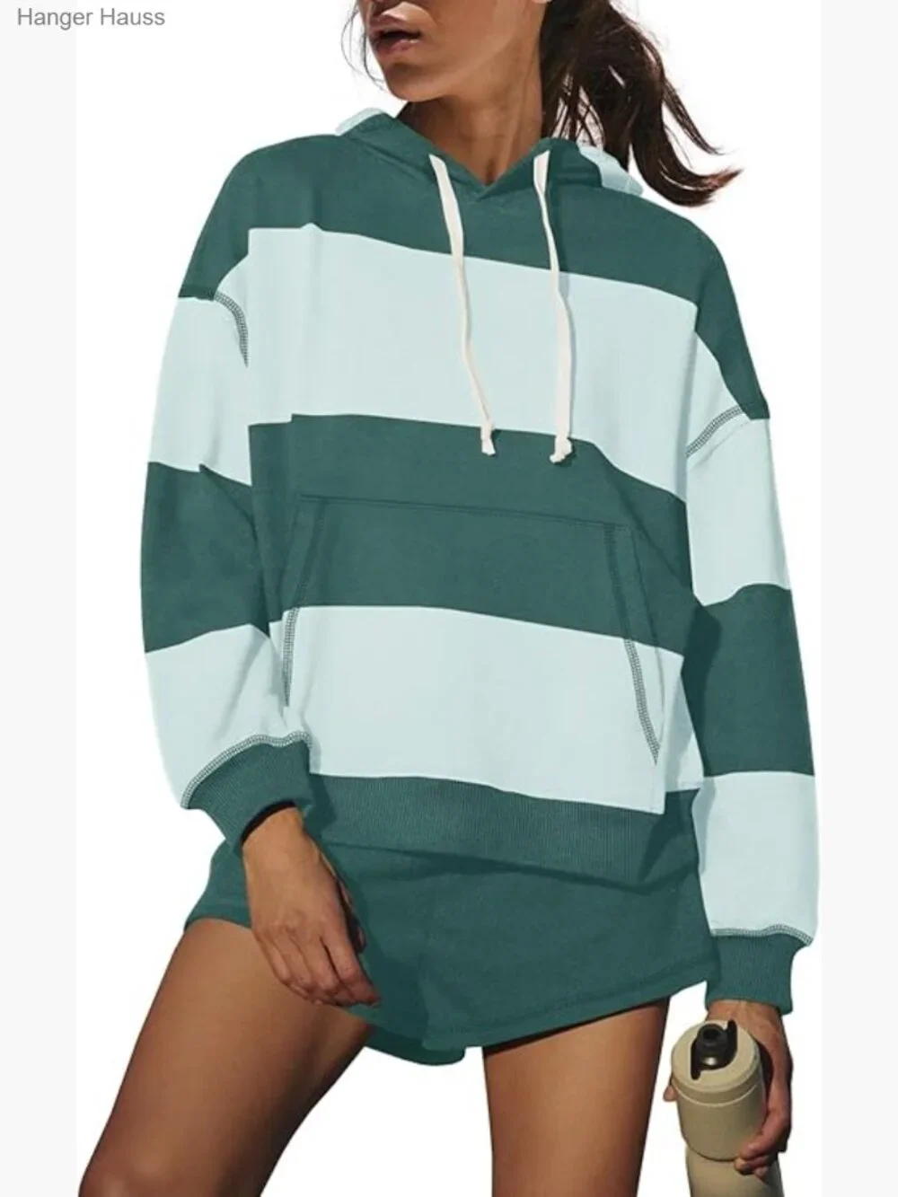 Women's Striped 2 Piece Lounge Set Oversized Hoodie Shorts